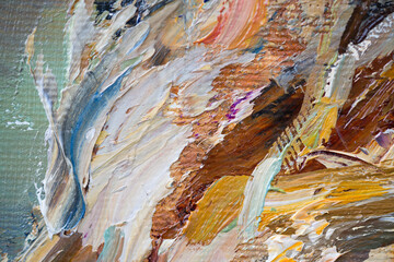 Embossed pasty oil paints and reliefs. Primary colors: ocher, white, red .  Abstract art.