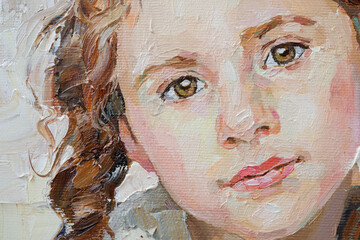 Fragment of an oil painting.  Portrait of a woman. The art is done in a realistic manner.