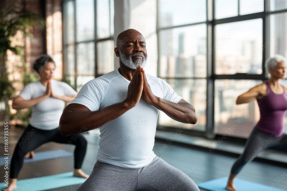 Poster Seniors gather in a serene studio practicing various yoga poses, emphasizing flexibility and relaxation while enjoying natural light streaming through large windows