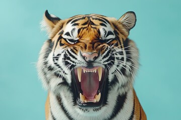 Aggressive tiger shows teeth. anger. rage. on a colored plain background.