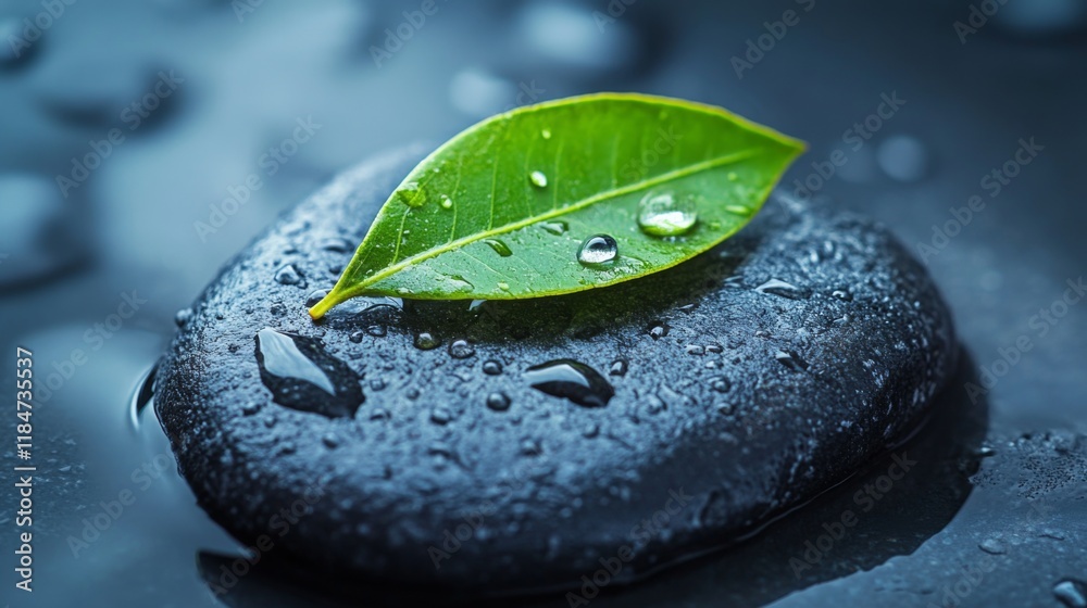 Poster a high-resolution image of a dewy leaf resting on a smooth stone, with droplets of water adding a fr
