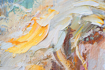 Embossed pasty oil paints and reliefs. Primary colors: ocher, white, red .  Abstract art.