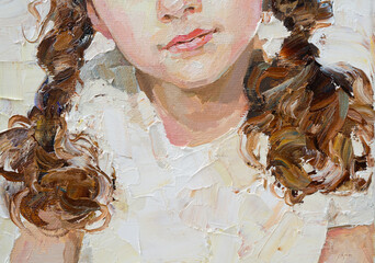 Fragment of an oil painting.  Portrait of a woman. The art is done in a realistic manner.