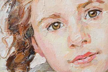 Fragment of an oil painting.  Portrait of a woman. The art is done in a realistic manner.