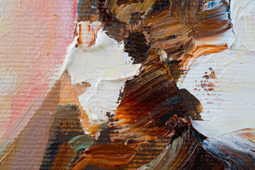 Embossed pasty oil paints and reliefs. Primary colors: ocher, white, red .  Abstract art.
