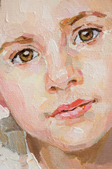 Fragment of an oil painting.  Portrait of a woman. The art is done in a realistic manner.