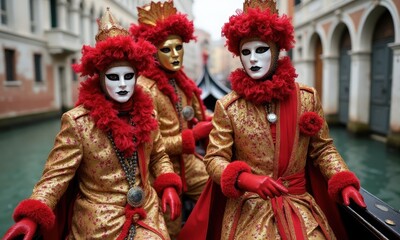 Venetian Carnival Participants in Vibrant Gold and Red Costumes Enjoying a Festive Gondola Ride on the Canals of Venice
