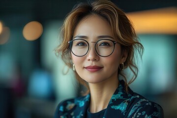 professional middleaged asian female executive in modern corporate office setting using digital technology and leading virtual team meeting