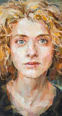 Cute beautiful girl holding her hair. Fragment of oil painting on canvas. .Portrait of a women with brown eyes and brown hair.