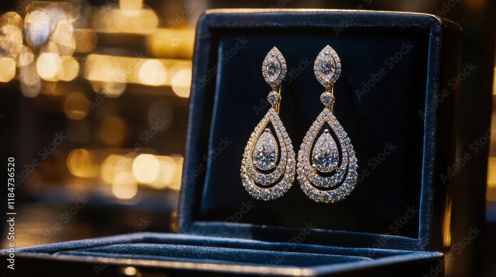 Poster a high-resolution image of a pair of sophisticated diamond drop earrings hanging from a luxurious ve