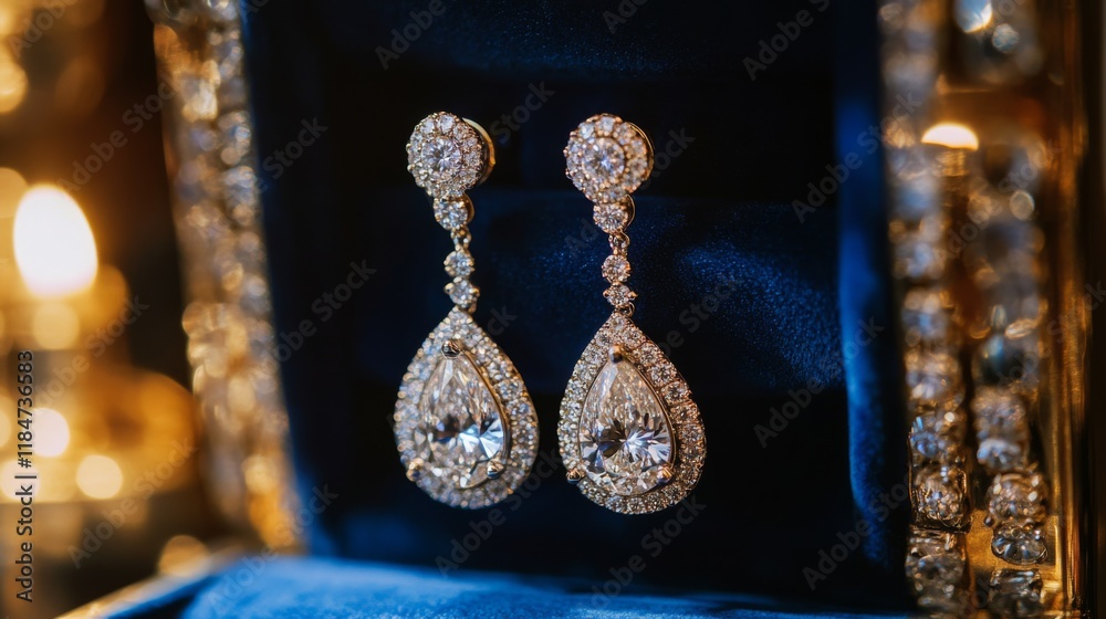 Poster a high-resolution image of a pair of sophisticated diamond drop earrings hanging from a luxurious ve