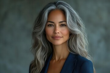Naklejka premium professional portrait photography confident multicultural woman with natural gray hair wearing contemporary blue business attire
