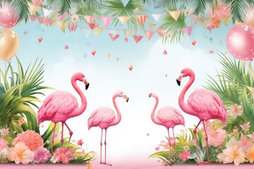 Obraz premium A vibrant tropical birthday banner with pink flamingos, lush green foliage, colorful balloons, and festive decorations, perfect for celebrating a joyful occasion in a sun-kissed environment