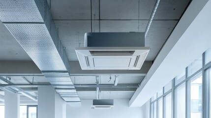 Fototapeta premium Modern ceiling, HVAC units, exposed ductwork, large windows.