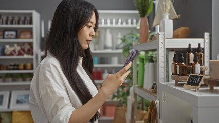 Young, chinese woman in a home decor store, using a smartphone, surrounded by various decorative items and products.