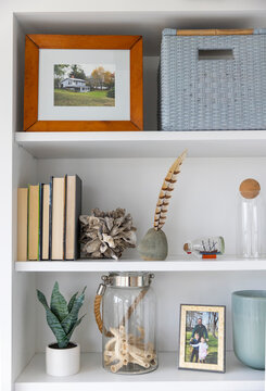 Modern Cottage home shelf decor with feather and frame photo 