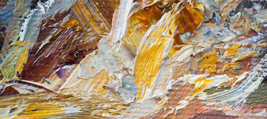 Embossed pasty oil paints and reliefs. Primary colors: ocher, white, red .  Abstract art.