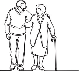 Grandparents Together. Grandma Helping Grandpa Walk - Vector Line Drawing