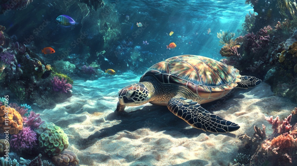 Poster a high-resolution image of a sea turtle resting on a sandy coral reef, with colorful fish swimming n