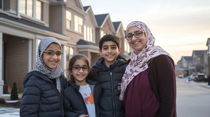 Family Standing Proudly in Front of New Home