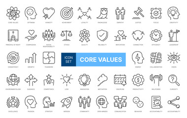 Set of icons core values. 49 vector images with editable stroke. Includes such qualities as performance, passion, diversity, exceptional, innovative, accountability, will to win, empathy