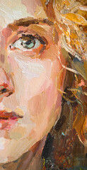 Cute beautiful girl holding her hair. Fragment of oil painting on canvas. .Portrait of a women with...
