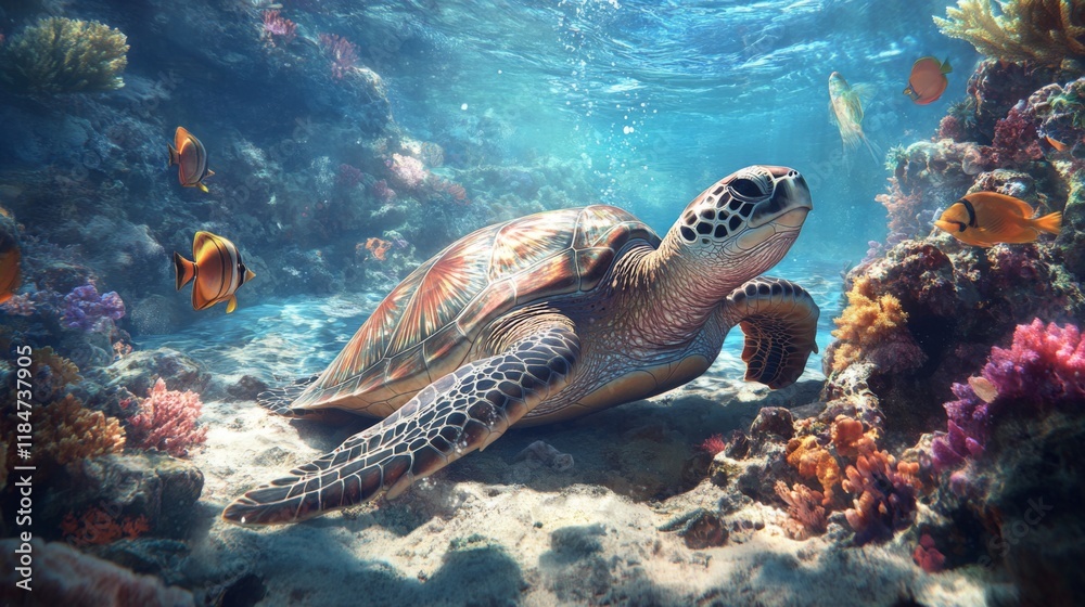 Poster a high-resolution image of a sea turtle resting on a sandy coral reef, with colorful fish swimming n