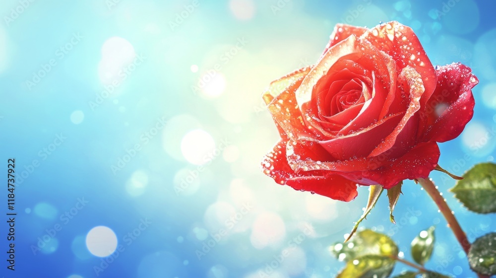 Poster A high-resolution image of a single blooming rose with tiny water droplets on its petals, creating a fresh and elegant look against a soft focus backdrop.