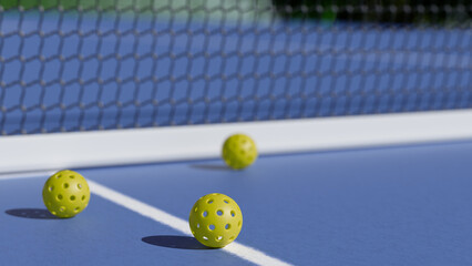 Three yellow pickleball balls on a blue court near the net, ready for play. 3d rendering