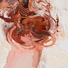 Embossed pasty oil paints and reliefs. Primary colors: ocher, white, red .  Abstract art.