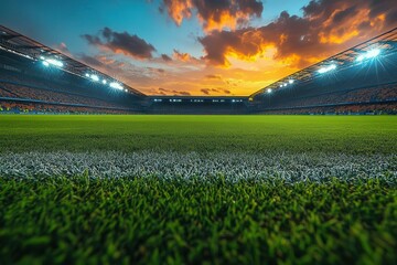 professional soccer stadium at twilight with pristine empty green field illuminated floodlights and dramatic sky creating athletic atmosphere