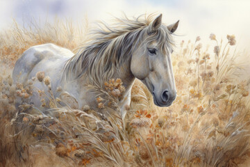 a horse standing among dry grass and wildflowers.  