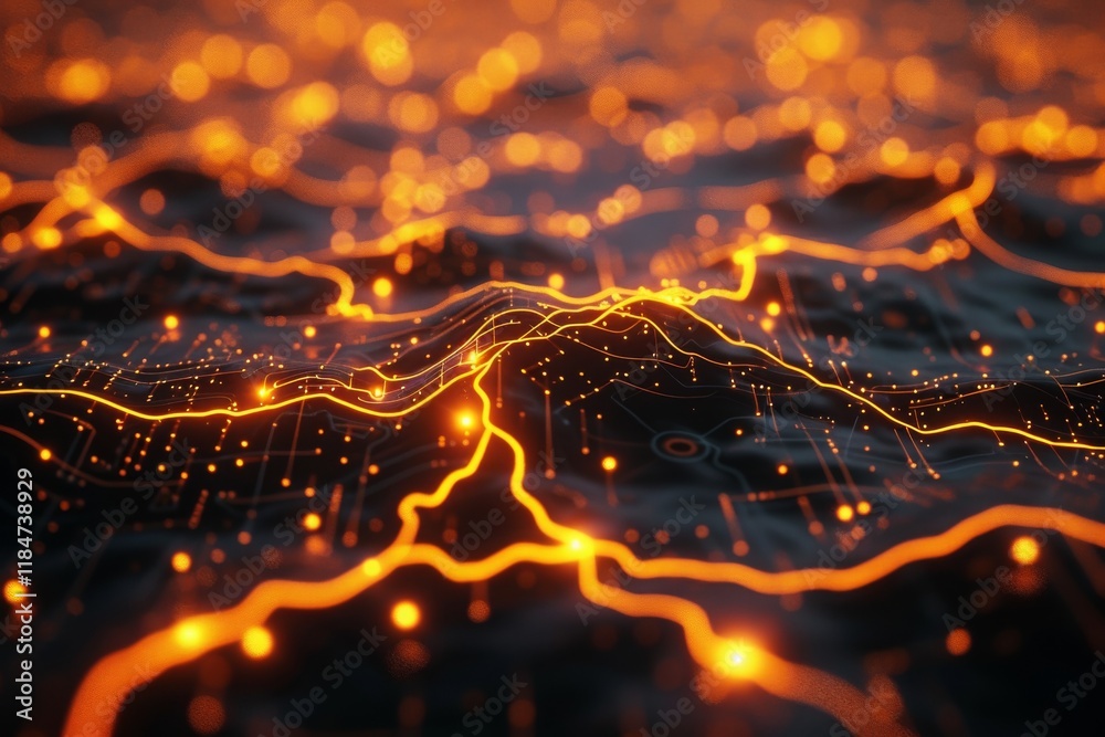Poster glowing circuits merge into a complex neural network, illuminating the dark terrain with bright oran