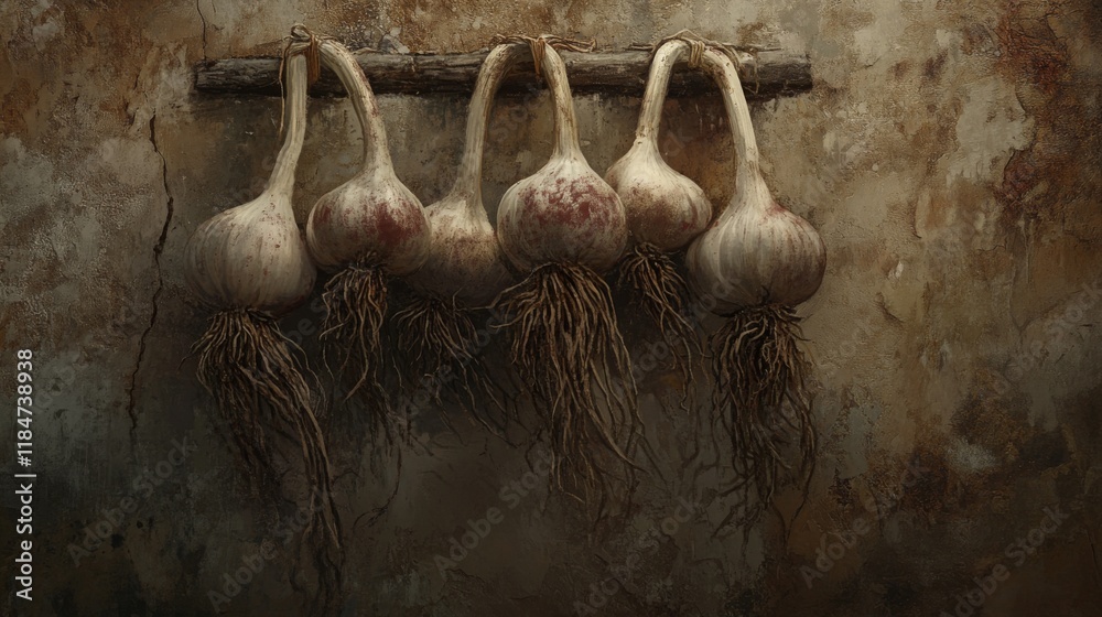 Poster a high-resolution image of garlic bulbs hanging in a bunch, with their roots and stems still attache