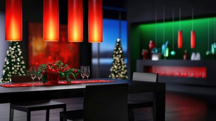 A festive dining room scene with red pendant lights, a holiday table setting, and Christmas trees, creating a warm and inviting atmosphere.