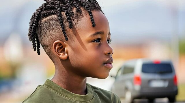 Young boy with stylish braided hair stands outdoors in a vibrant neighborhood during daylight hours