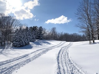Obraz premium Snowy path winds through winter woodland scene
