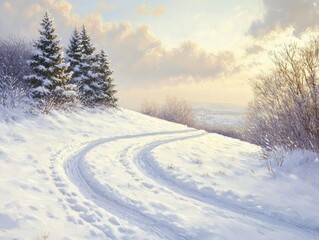 Obraz premium Snowy Hillside Winter Landscape With Pine Trees