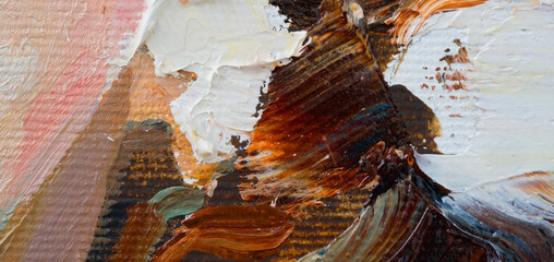 Embossed pasty oil paints and reliefs. Primary colors: ocher, white, red .  Abstract art.