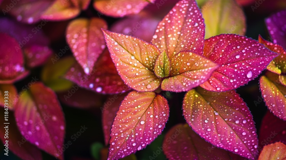 Poster a macro shot of a cluster of leaves with dew drops on a wet garden bed, emphasizing the freshness an
