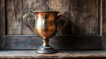 A vintage trophy cup with a polished bronze finish, placed against a rustic wooden background 