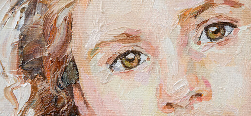 Fragment of an oil painting.  Portrait of a woman. The art is done in a realistic manner.