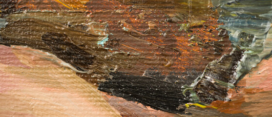 Embossed pasty oil paints and reliefs. Primary colors: ocher, white, red .  Abstract art.