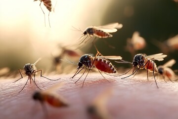Fototapeta premium Aedes mosquito is sucking blood on human skin, Close-up of a mosquito biting human skin