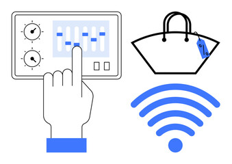 Hand adjusting control panel interface with sliders and dials, shopping bag with price tag, wireless connectivity symbol. Ideal for e-commerce, technology, wireless control, smart devices, online