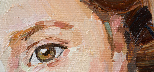 Fragment of an oil painting.  Portrait of a woman. The art is done in a realistic manner.