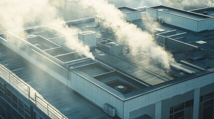 Steam rises from building rooftop vents.