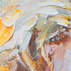 Embossed pasty oil paints and reliefs. Primary colors: ocher, white, red .  Abstract art.