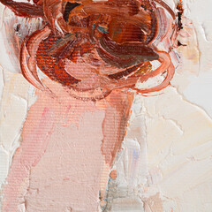 Embossed pasty oil paints and reliefs. Primary colors: ocher, white, red .  Abstract art.