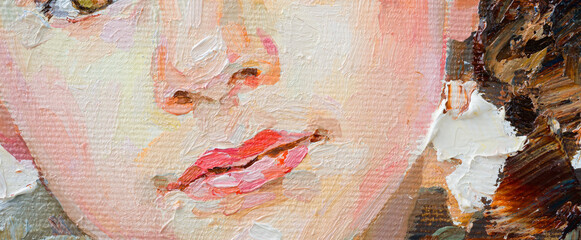 Fragment of an oil painting.  Portrait of a woman. The art is done in a realistic manner.